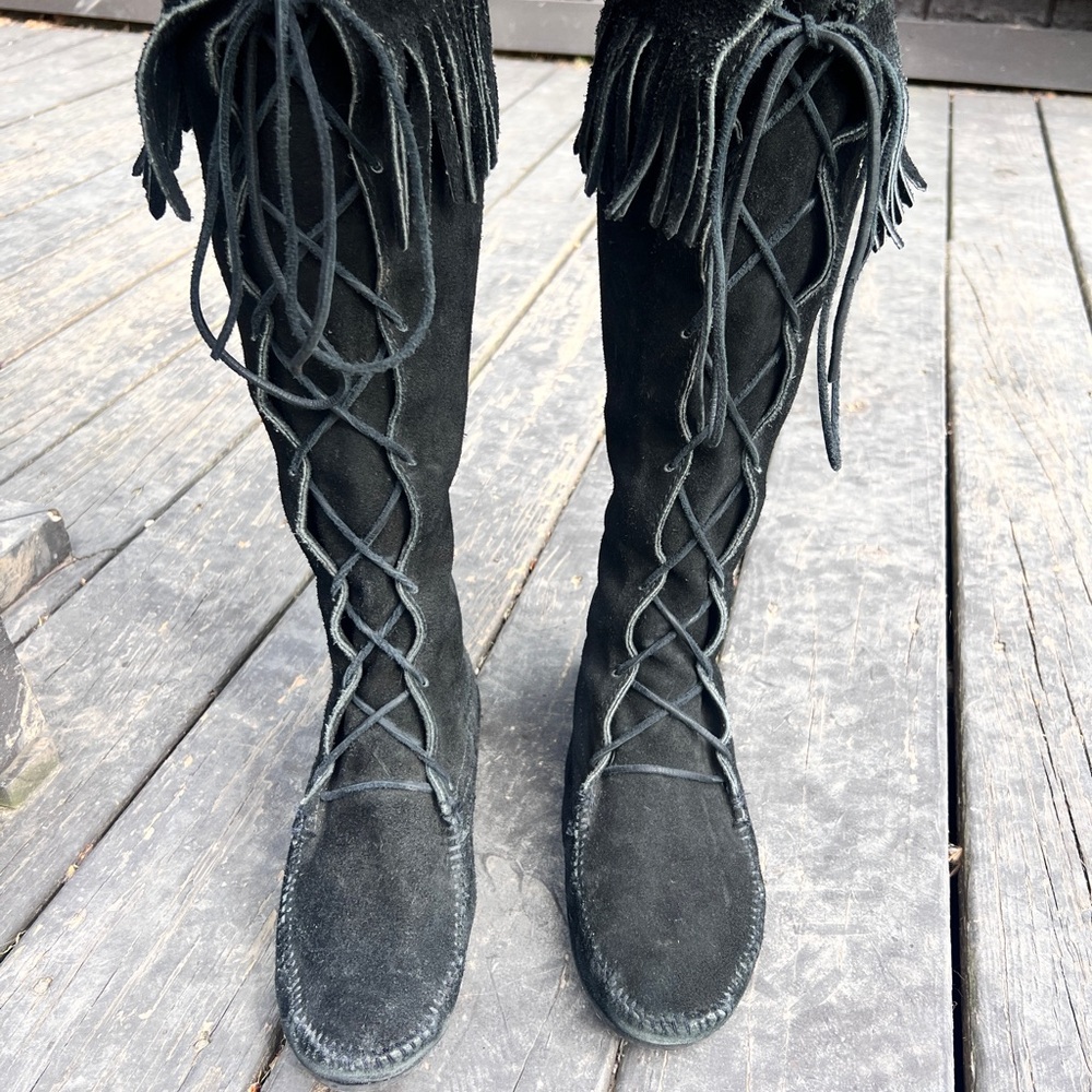 Black VINTAGE Fringe Knee-High moccasins
